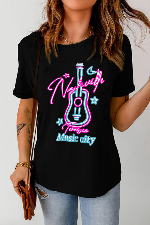 Black Music City Guitar Graphic Print Short Sleeve T Shirt